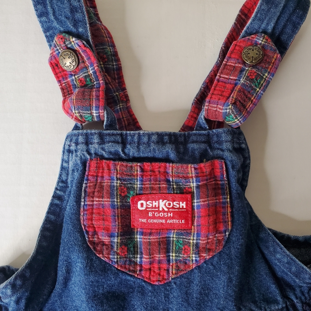 Vtg Oshkosh Vestbak Overall Jumper Dress Denim Red Plaid Trim USA Classic Size 6 - Picture 4 of 8